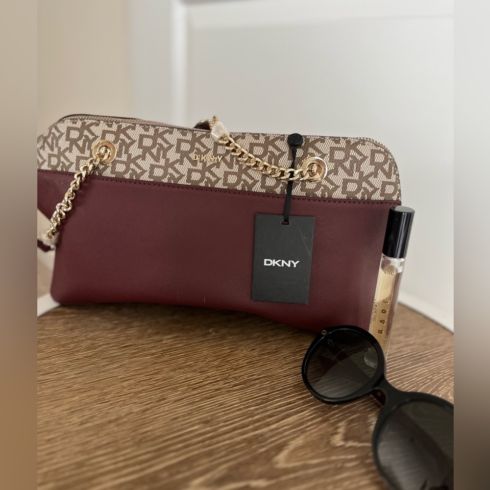 Brand new brown DKNY cloth gold chain purse